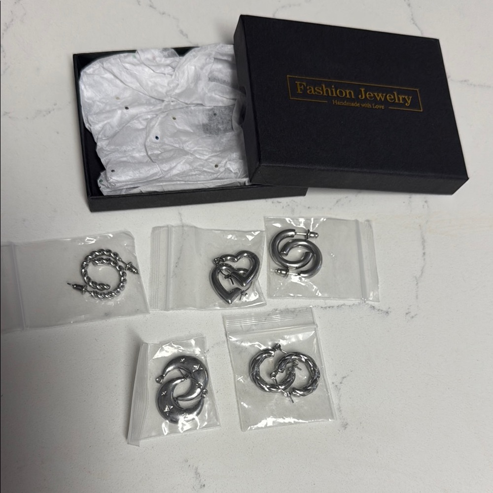 Silver Tone Hoop Earrings Set